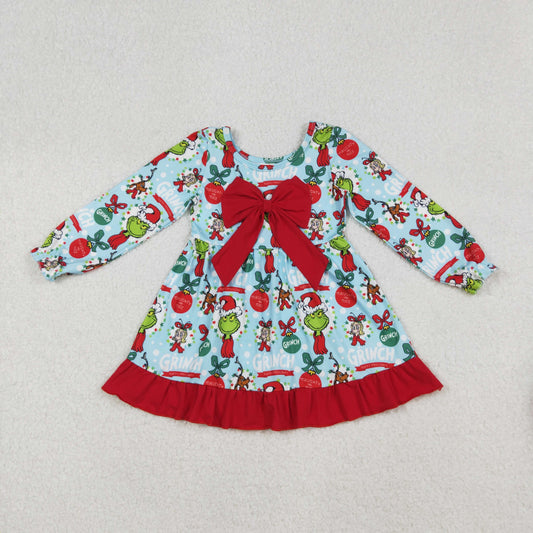 GLD1269 Christmas Grinch Big Bow Red Ruffle Long Sleeve Dresses for Girls 202509 RTS