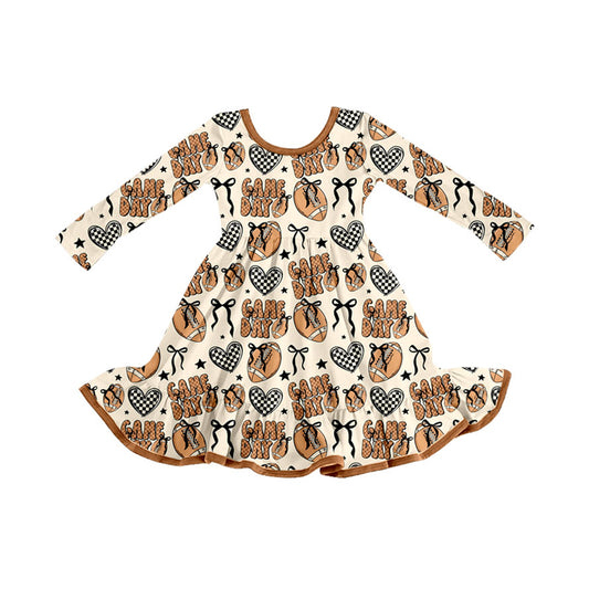 Preorder GLD1270 Rugby Bows Brown Long Sleeve Dresses for Girls 202508