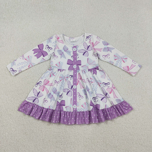 GLD1271 Bows Dots Purple Ruffle Long Sleeve Dresses for Girls 202512 RTS