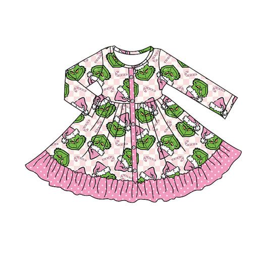 Preorder GLD1273 Christmas Grinch Pink Ruffle Long Sleeve Dresses for Girls 202508