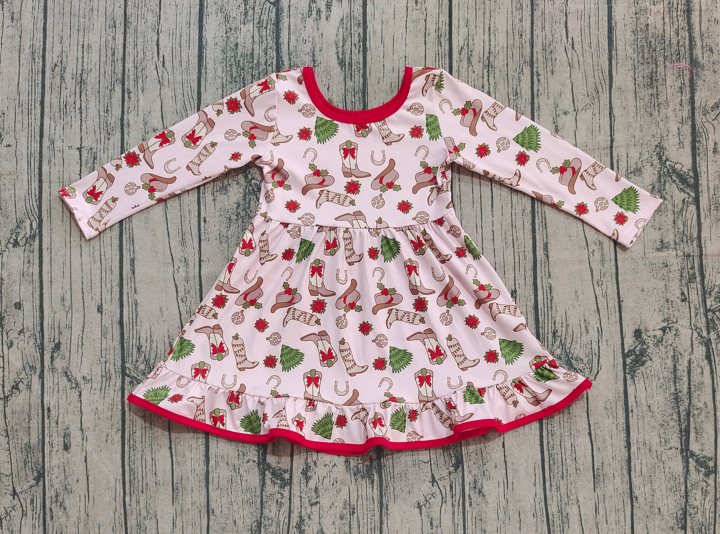 NO MOQ Preorder GLD1274 Christmas Santa Tree Boots Pink Long Sleeve Dresses for Girls 202508