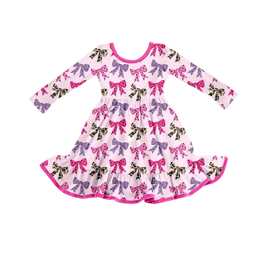 Preorder GLD1275 Bows Pattern Rose Red Long Sleeve Dresses for Girls 202508