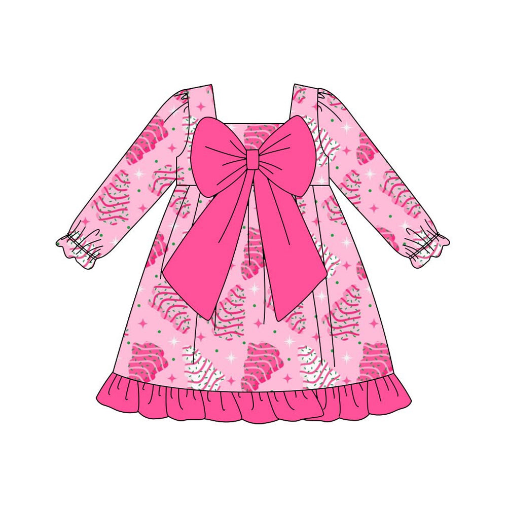 Preorder GLD1276 Santa Tree Big Bows Rose Red Christmas Long Sleeve Dresses for Girls 202508