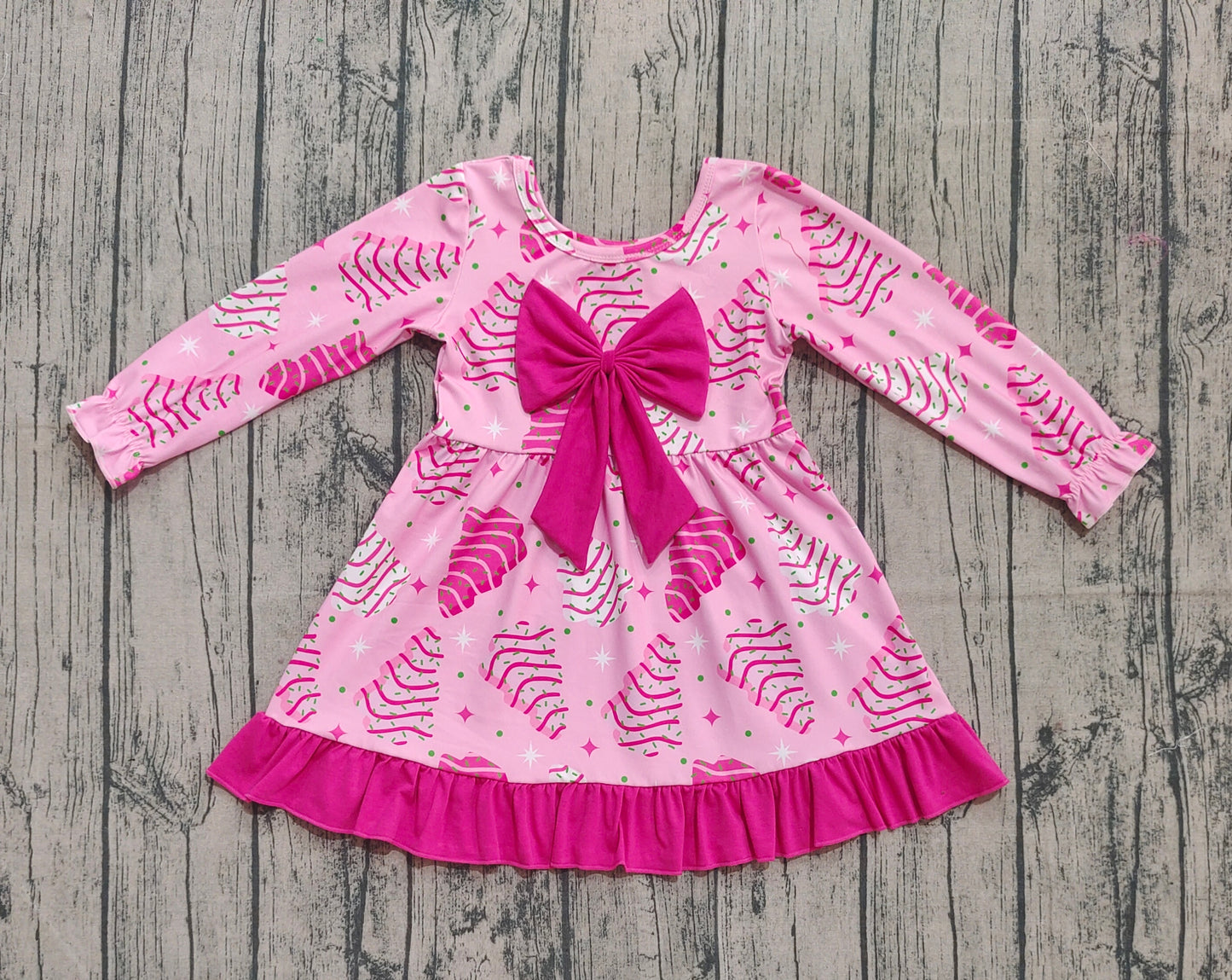 NO MOQ Preorder GLD1276 Santa Tree Big Bows Rose Red Christmas Long Sleeve Dresses for Girls 202508