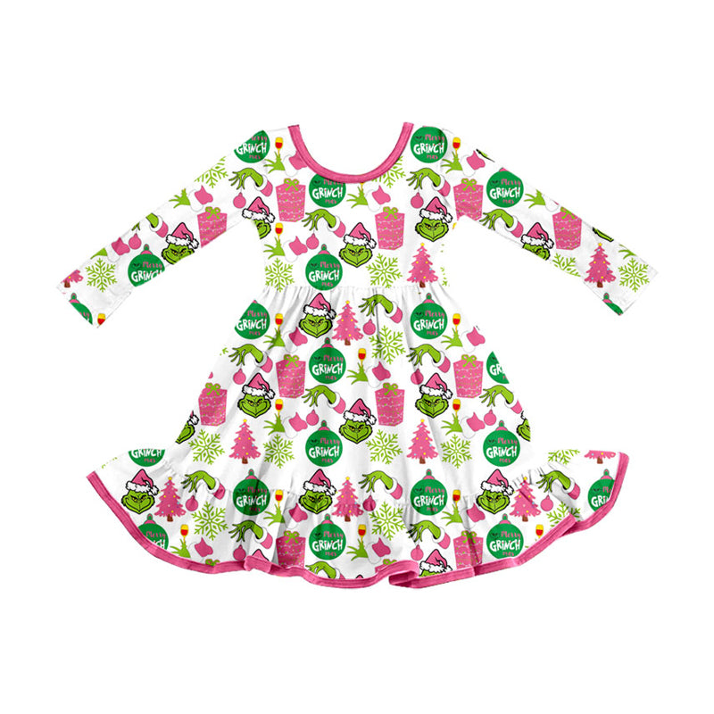 Preorder GLD1277 Christmas Grinch Ruffle Long Sleeve Dresses for Girls 202508