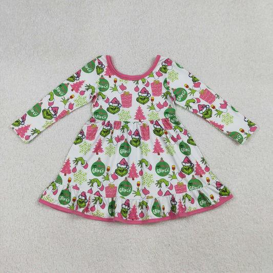 GLD1277 Christmas Grinch Ruffle Long Sleeve Dresses for Girls 202509 RTS