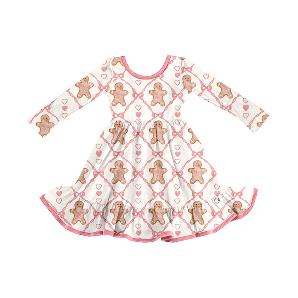 Preorder GLD1278 Christmas Gingerbread Man Ruffle Long Sleeve Dresses for Girls 202508