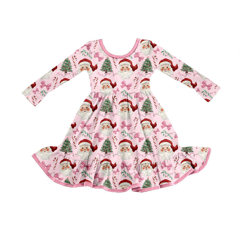 Preorder GLD1279 Christmas Santa Claus Tree Bows Cute Pink Long Sleeve Dresses for Girls 202508
