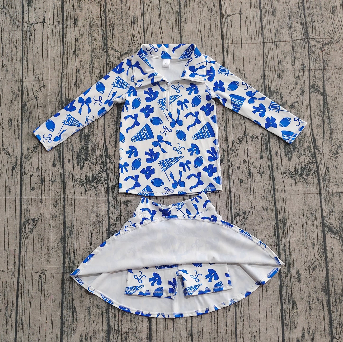 NO MOQ preorder GLD1283 Go Team Zipper Collar Blue White Long Sleeve Skirts Girls Yoga Sets 202510