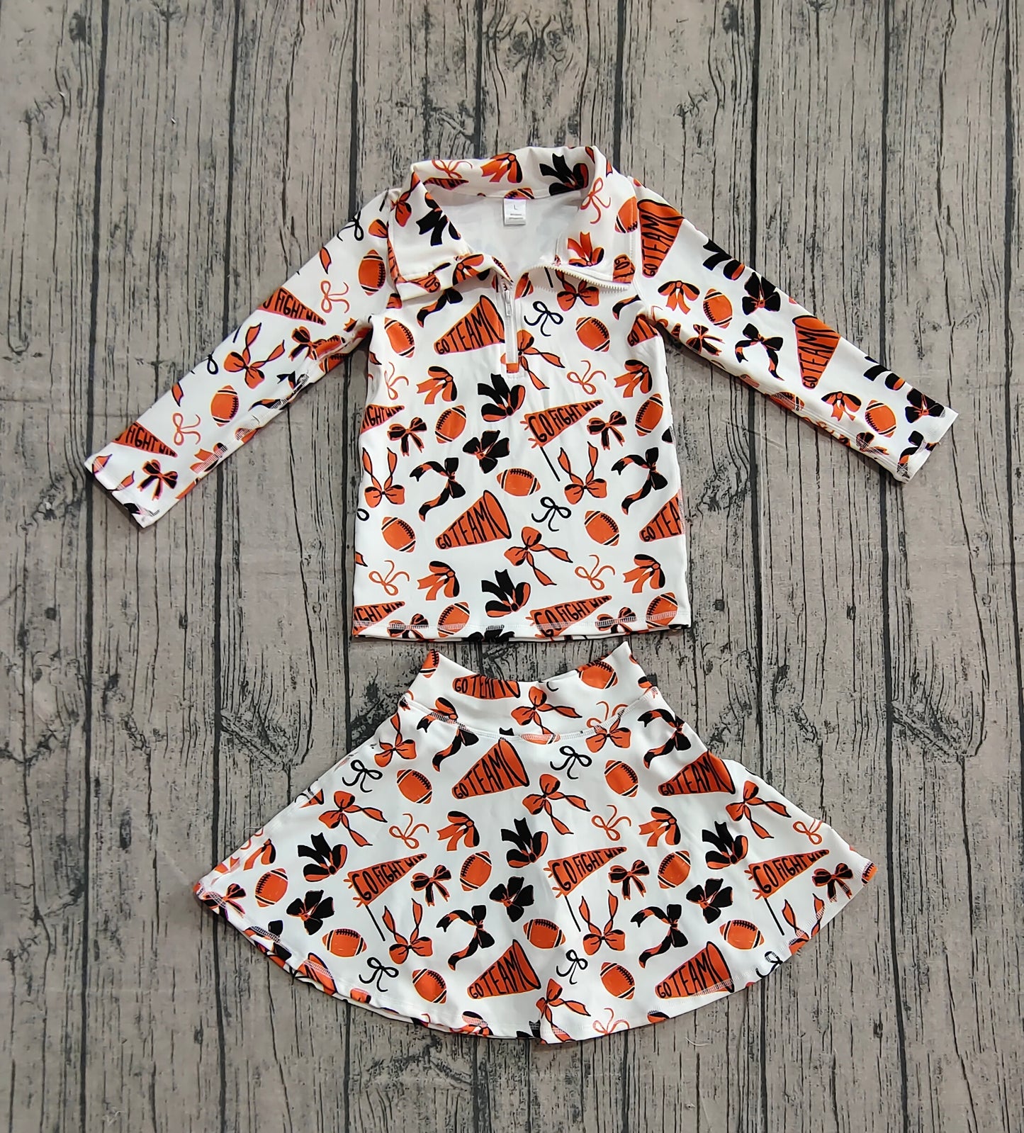 NO MOQ preorder GLD1285 Go Team Zipper Collar Orange White Long Sleeve Skirts Girls Yoga Sets 202510