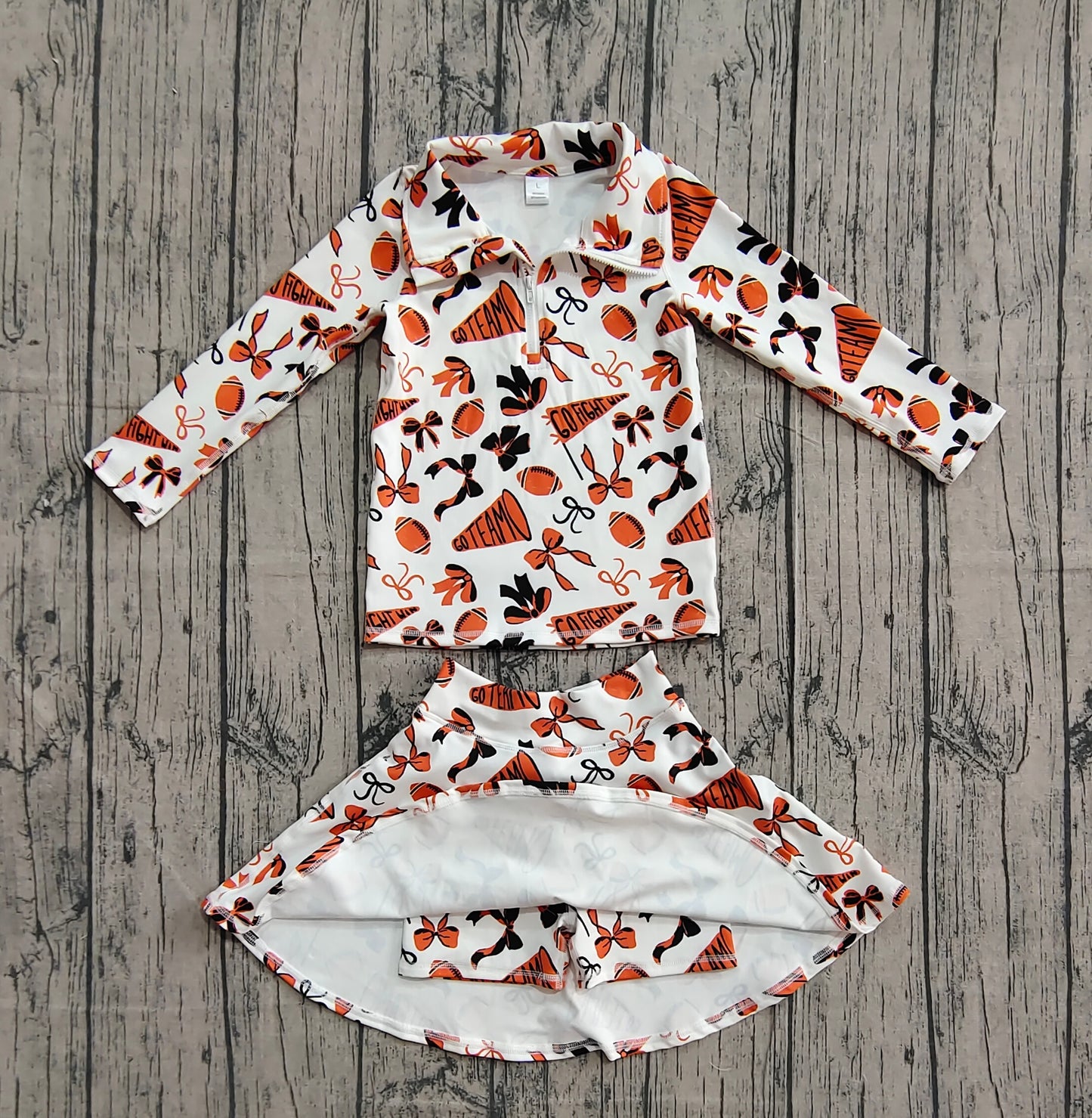 NO MOQ preorder GLD1285 Go Team Zipper Collar Orange White Long Sleeve Skirts Girls Yoga Sets 202510