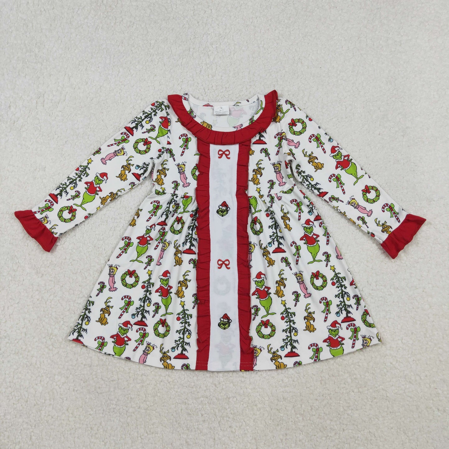 GLD1289 Embroidered Christmas Grinch Red Ruffle Long Sleeve Dresses for Girls 202510 RTS