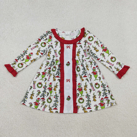 GLD1289 Embroidered  Christmas Grinch Red Ruffle Long Sleeve Dresses for Girls  202510 RTS