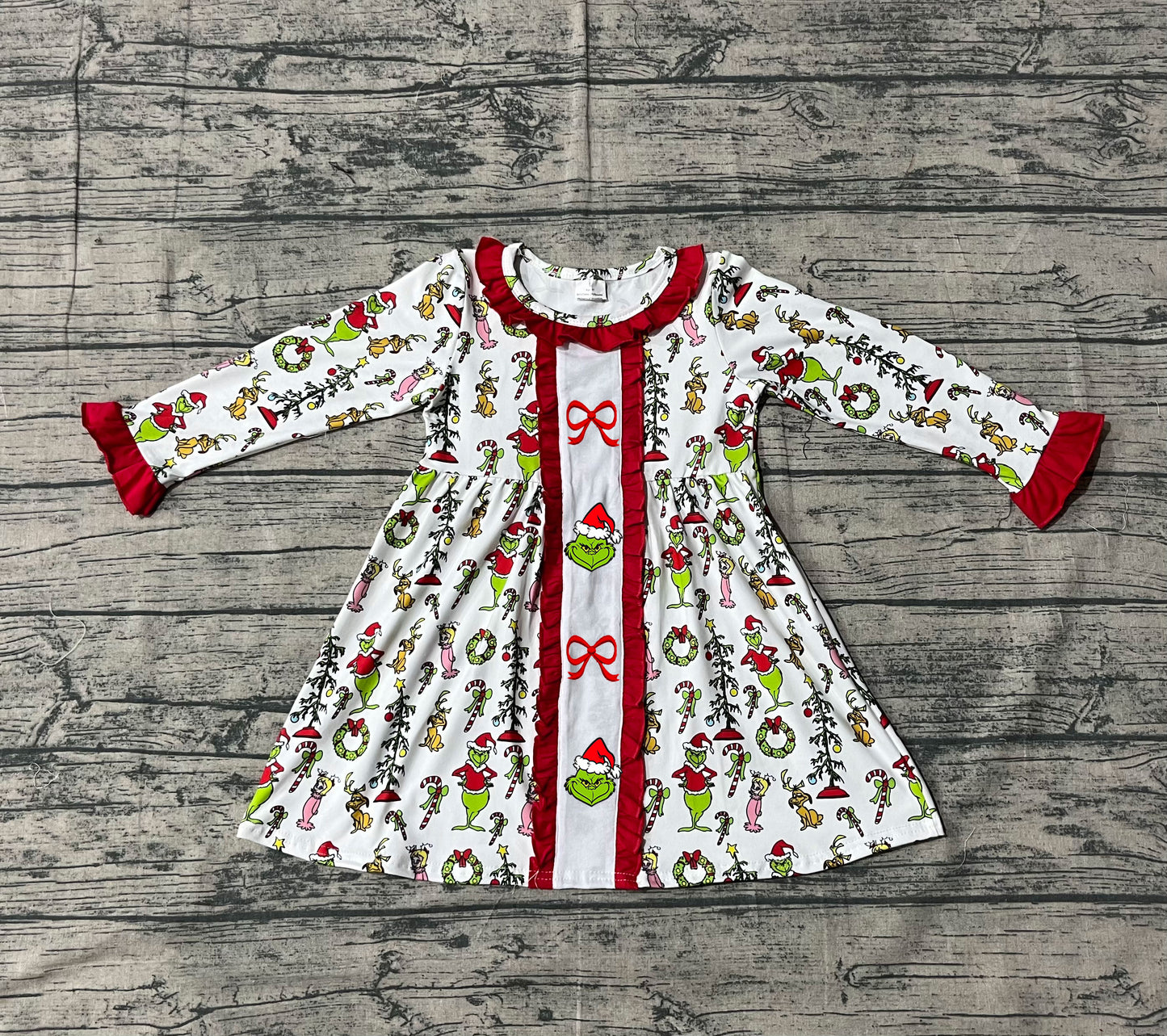 NO MOQ Preorder GLD1289 Embroidered Christmas Grinch Red Ruffle Long Sleeve Dresses for Girls 202509