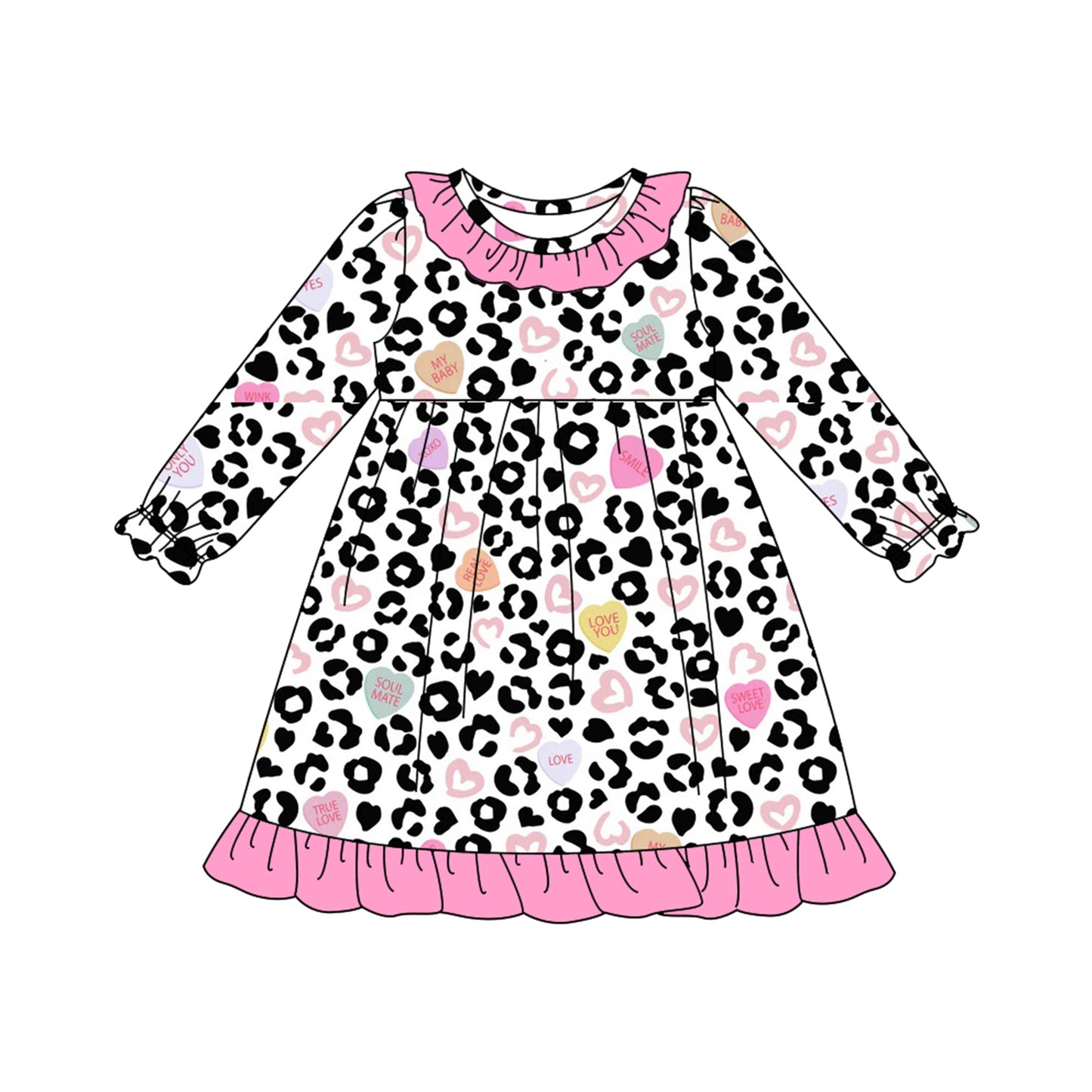 MOQ 8 Preorder GLD1290 Valentine's Day Leopard Love Pink Ruffle Long Sleeve Dresses for Girls 202509