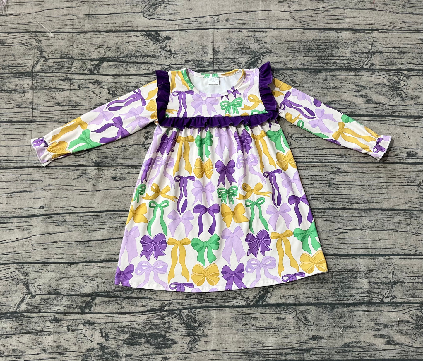 NO MOQ Preorder GLD1295-XS-3XL Mardi Gras Bows Purple Ruffle Long Sleeve Dresses for Girls 202509 Sibling