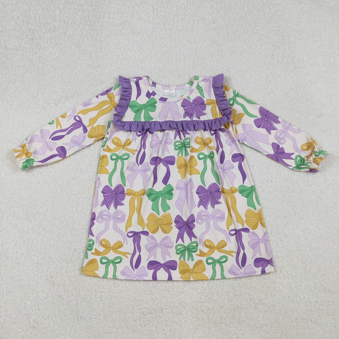 GLD1295-XS-3XL Mardi Gras Bows Purple Ruffle Long Sleeve Dresses for Girls 202509 RTS Sibling