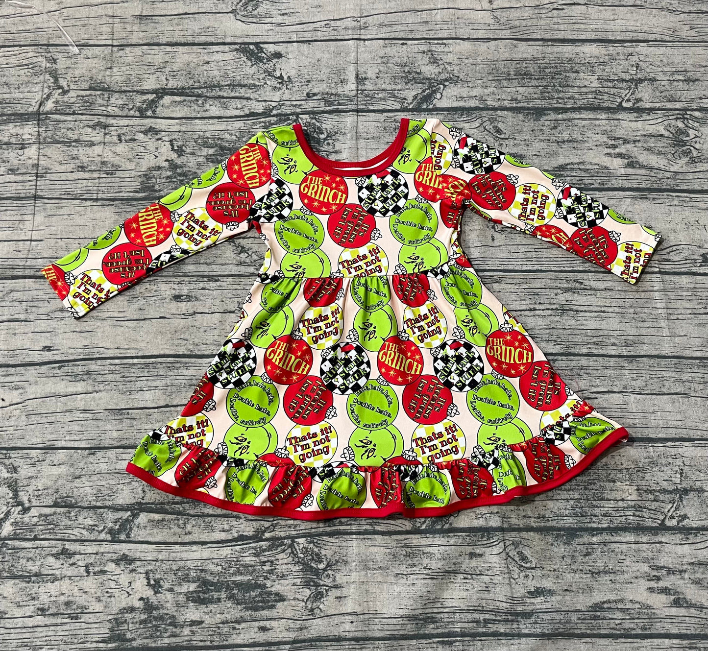 NO MOQ Preorder GLD1296-XS-3XL Cartoon Grinch Ruffle Long Sleeve Dresses for Girls 202509 Sibling