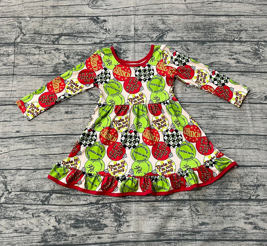 GLD1296-XS-3XL Cartoon Grinch Ruffle Long Sleeve Dresses for Girls 202509 RTS Sibling