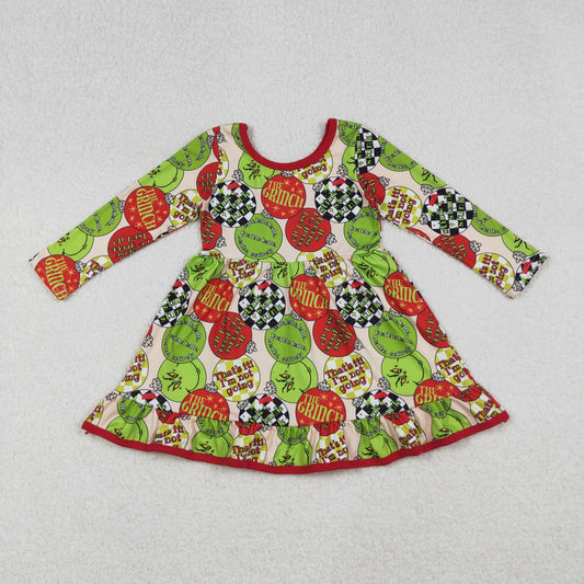 GLD1296-XS-3XL Cartoon Grinch Ruffle Long Sleeve Dresses for Girls 202509 RTS Sibling