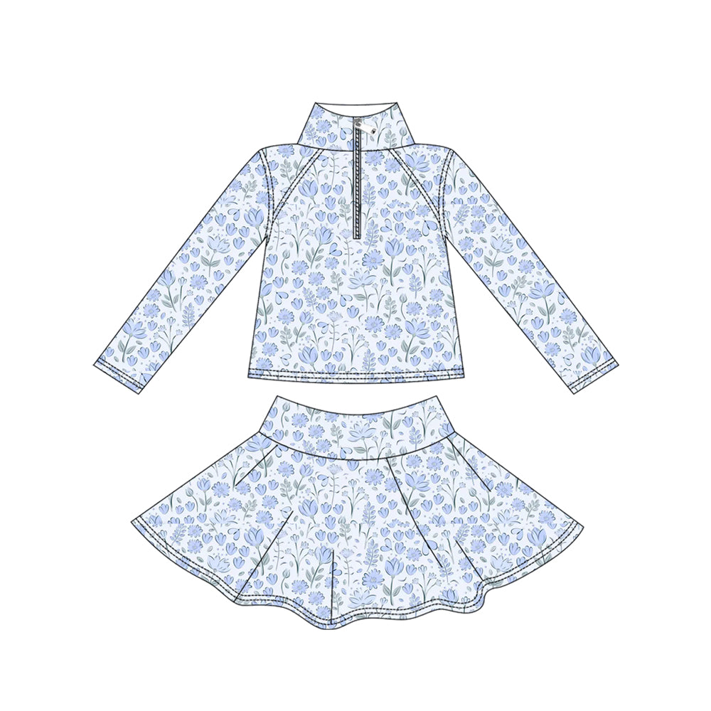 MOQ 8 preorder GLD1310 Flower Blue Zipper Collar Long Sleeve Skirts Girls Yoga Sets 202509