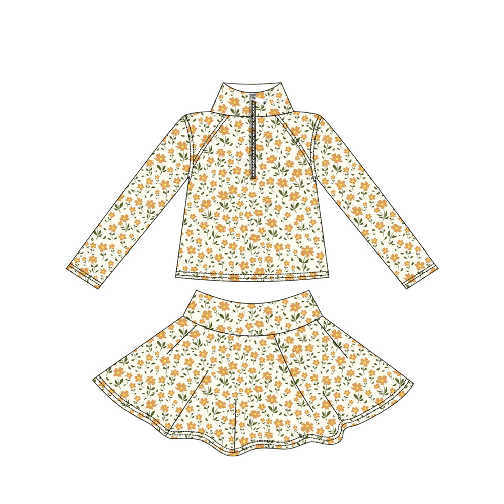 MOQ 8 preorder GLD1312 Yellow Flower Zipper Collar Long Sleeve Skirts Girls Yoga Sets 202509
