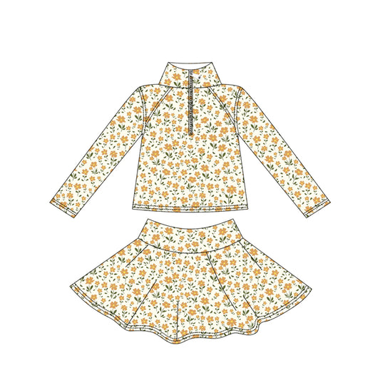 MOQ 8 preorder GLD1312 Yellow Flower Zipper Collar Long Sleeve Skirts Girls Yoga Sets 202509