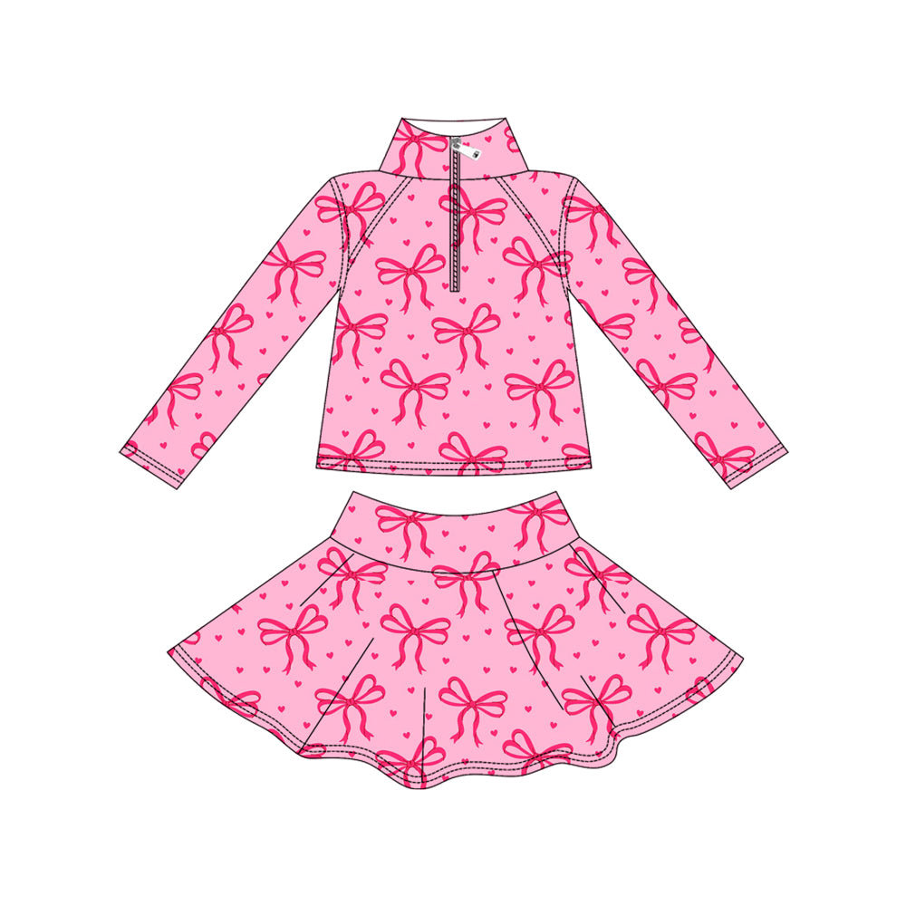 MOQ 8 preorder GLD1316 Valentine's Day Bows Love Zipper Collar Long Sleeve Skirts Girls Yoga Sets 202509