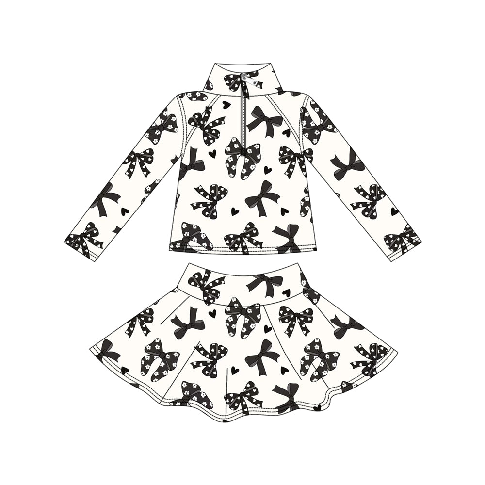 MOQ 8 preorder GLD1317 Valentine's Day Black Bows Love Zipper Collar Long Sleeve Skirts Girls Yoga Sets 202509
