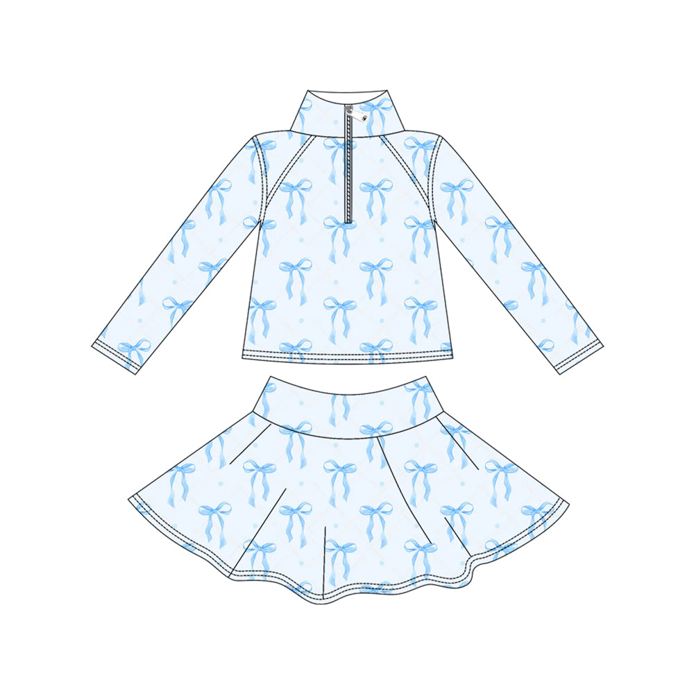 MOQ 8 preorder GLD1318 Valentine's Day Bows Love Blue Zipper Collar Long Sleeve Skirts Girls Yoga Sets 202509