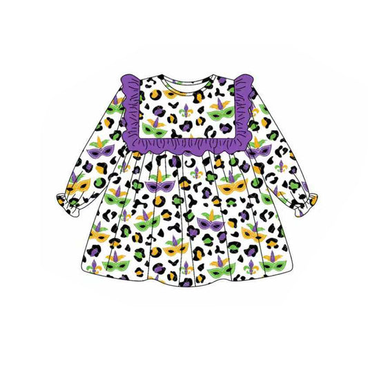 MOQ 8 Preorder GLD1319 Mardi Gras Leopard Purple Ruffle Long Sleeve Dresses for Girls  202509