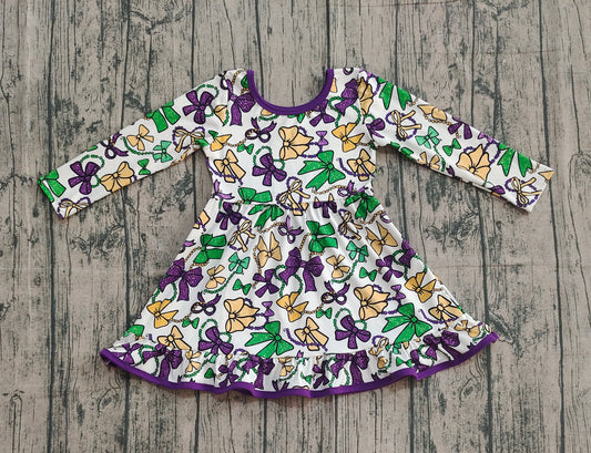 GLD1320-XS-3XL Mardi Gras Bows Purple Long Sleeve Dresses for Girls  202510 RTS
