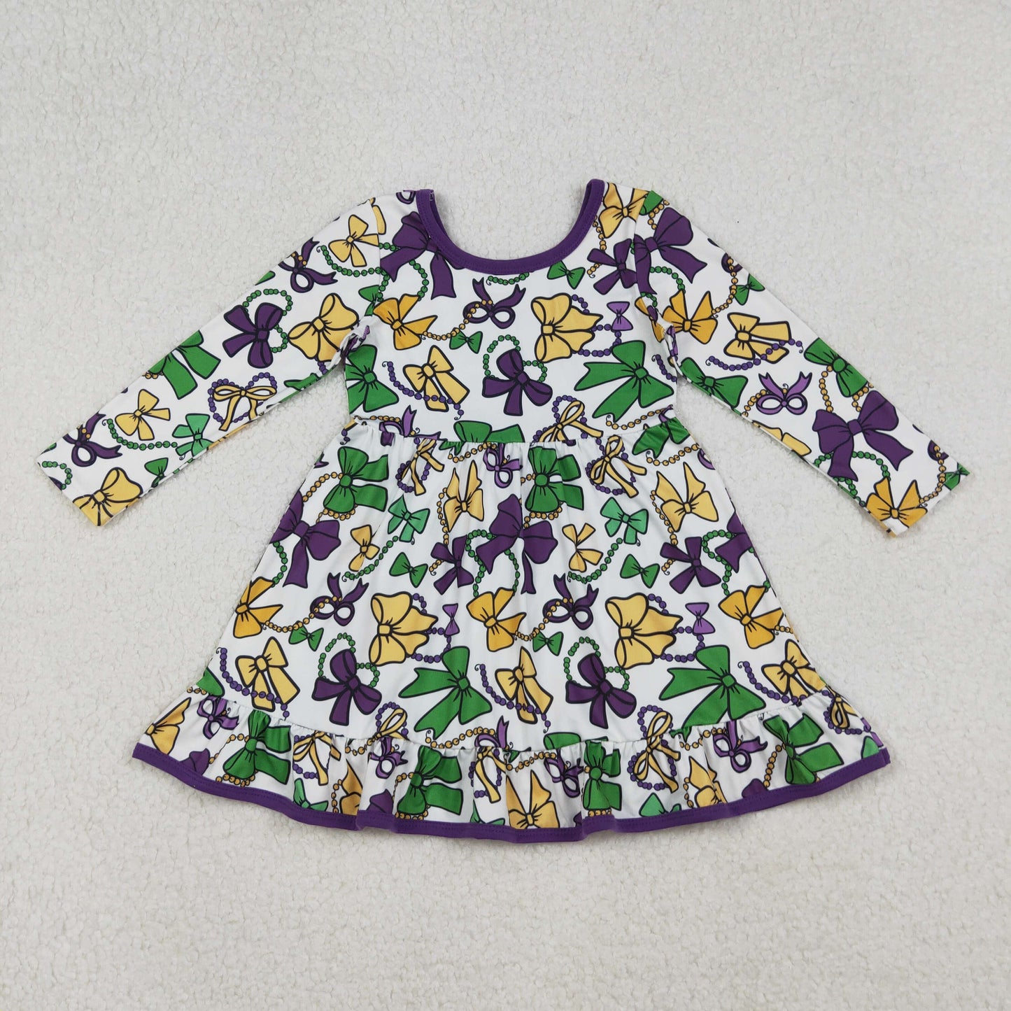 GLD1320-XS-3XL Mardi Gras Bows Purple Long Sleeve Dresses for Girls 202510 RTS