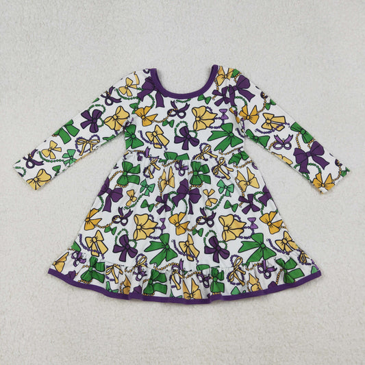 GLD1320-XS-3XL Mardi Gras Bows Purple Long Sleeve Dresses for Girls  202510 RTS