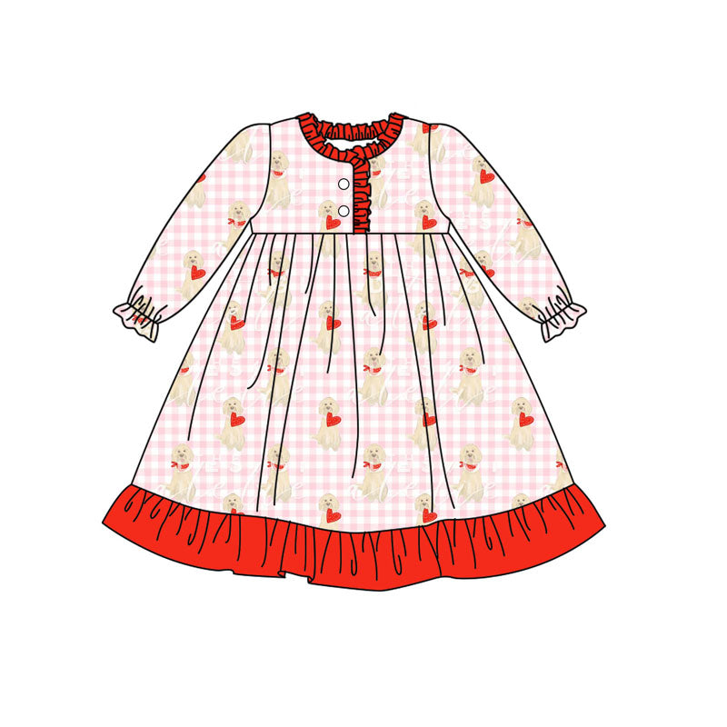 MOQ 8 Preorder GLD1322 Valentine's Day Puppy Love Red Ruffle Long Sleeve Dresses for Girls 202509