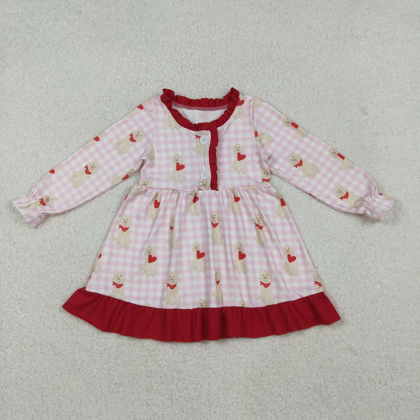 GLD1322-XS-3XL Valentine's Day Puppy Love Red Ruffle Long Sleeve Dresses for Girls  202510 RTS