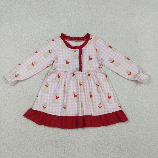 GLD1322-XS-3XL Valentine's Day Puppy Love Red Ruffle Long Sleeve Dresses for Girls  202510 RTS