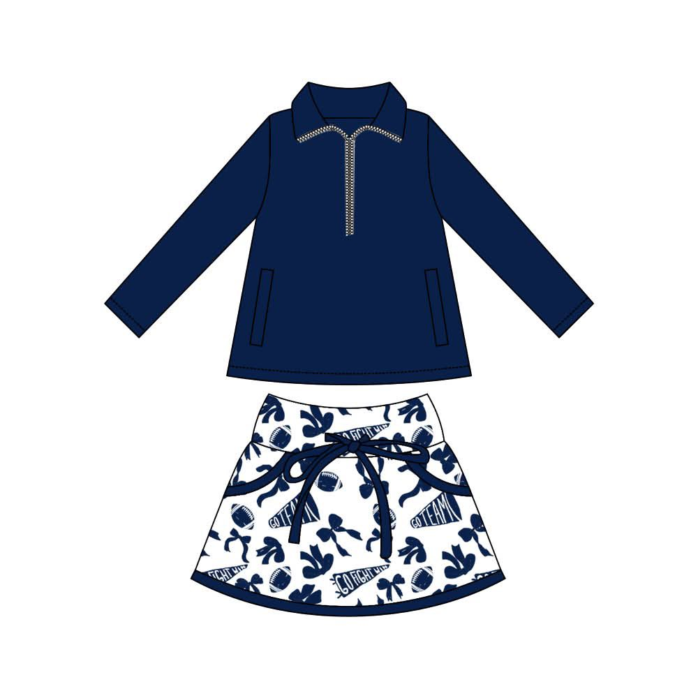 MOQ 8 preorder GLD1325 Go Team Rugby Bows Navy Zipper Collar Long Sleeve Skirts Girls Yoga Sets 202509