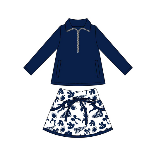 MOQ 8 preorder GLD1325 Go Team Rugby Bows Navy Zipper Collar Long Sleeve Skirts Girls Yoga Sets 202509