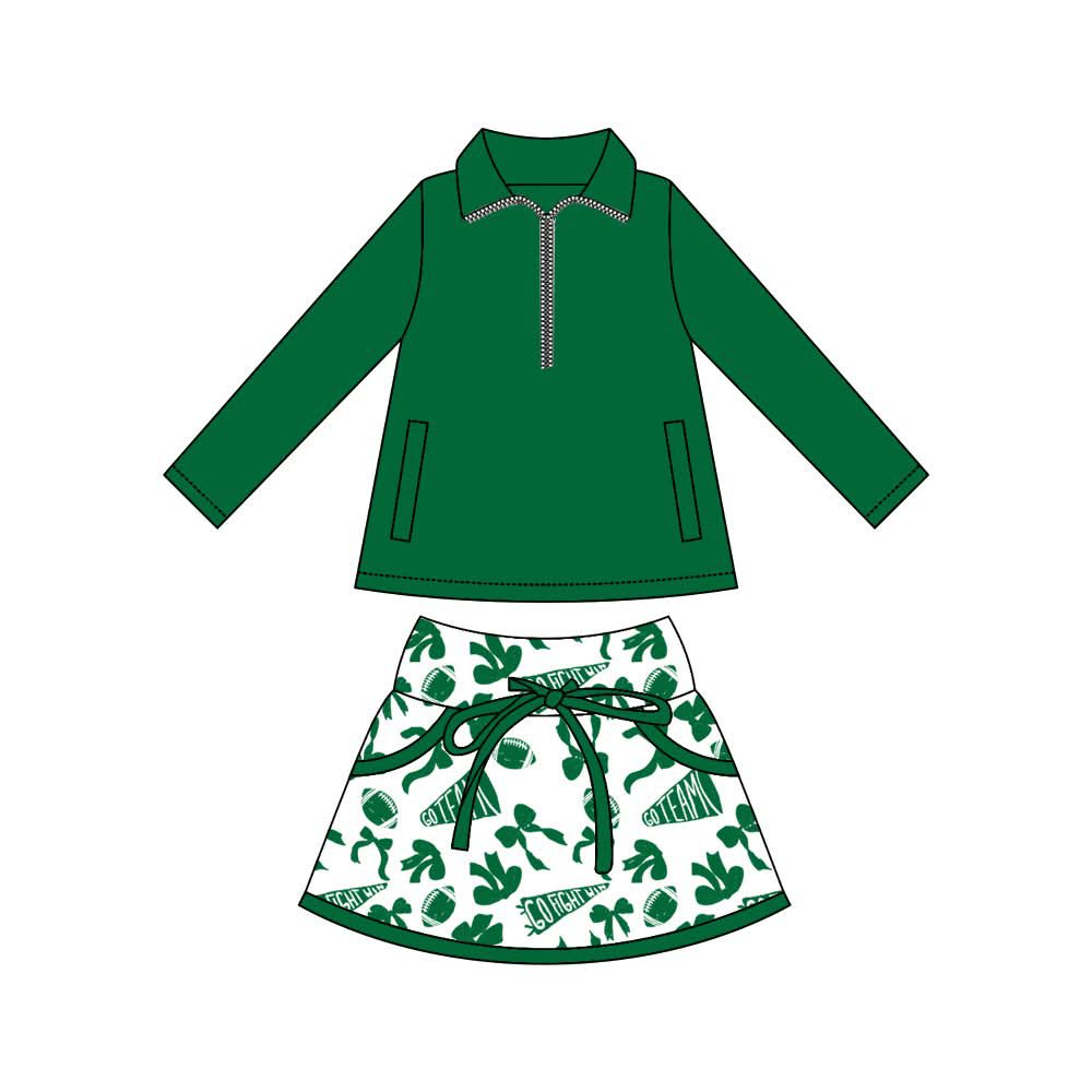 MOQ 8 preorder GLD1327 Go Team Rugby Bows Dark Green Zipper Collar Long Sleeve Skirts Girls Yoga Sets 202509