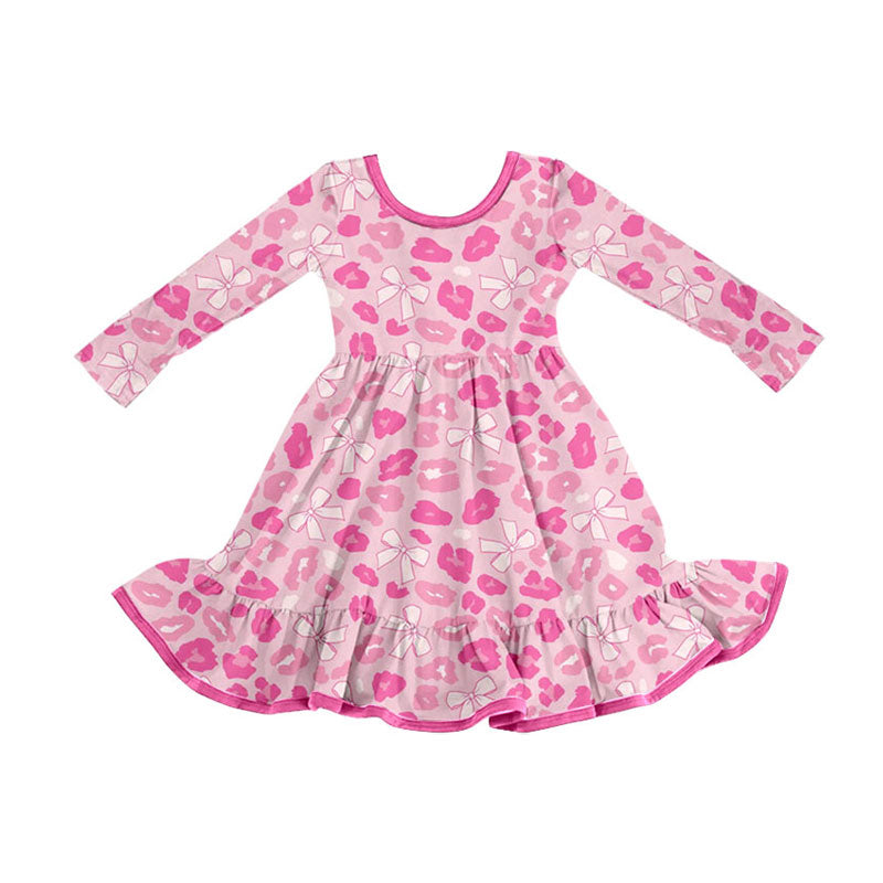 MOQ 8 Preorder GLD1328 Valentine's Day Leopard Bows Pink Long Sleeve Dresses for Girls 202509