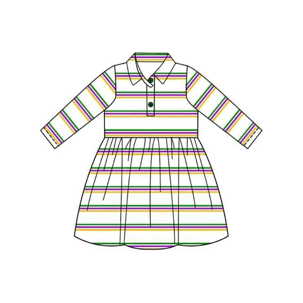 MOQ 8 Preorder GLD1331 Mardi Gras Stripe Polo Long Sleeve Dresses for Girls 202509