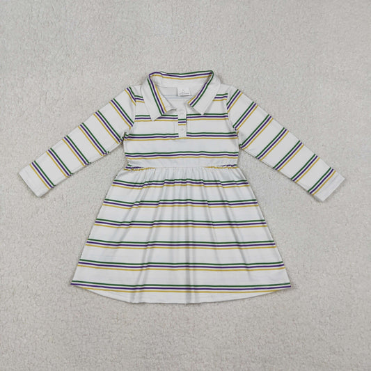 GLD1331 Mardi Gras Stripe Polo Long Sleeve Dresses for Girls  202510 RTS