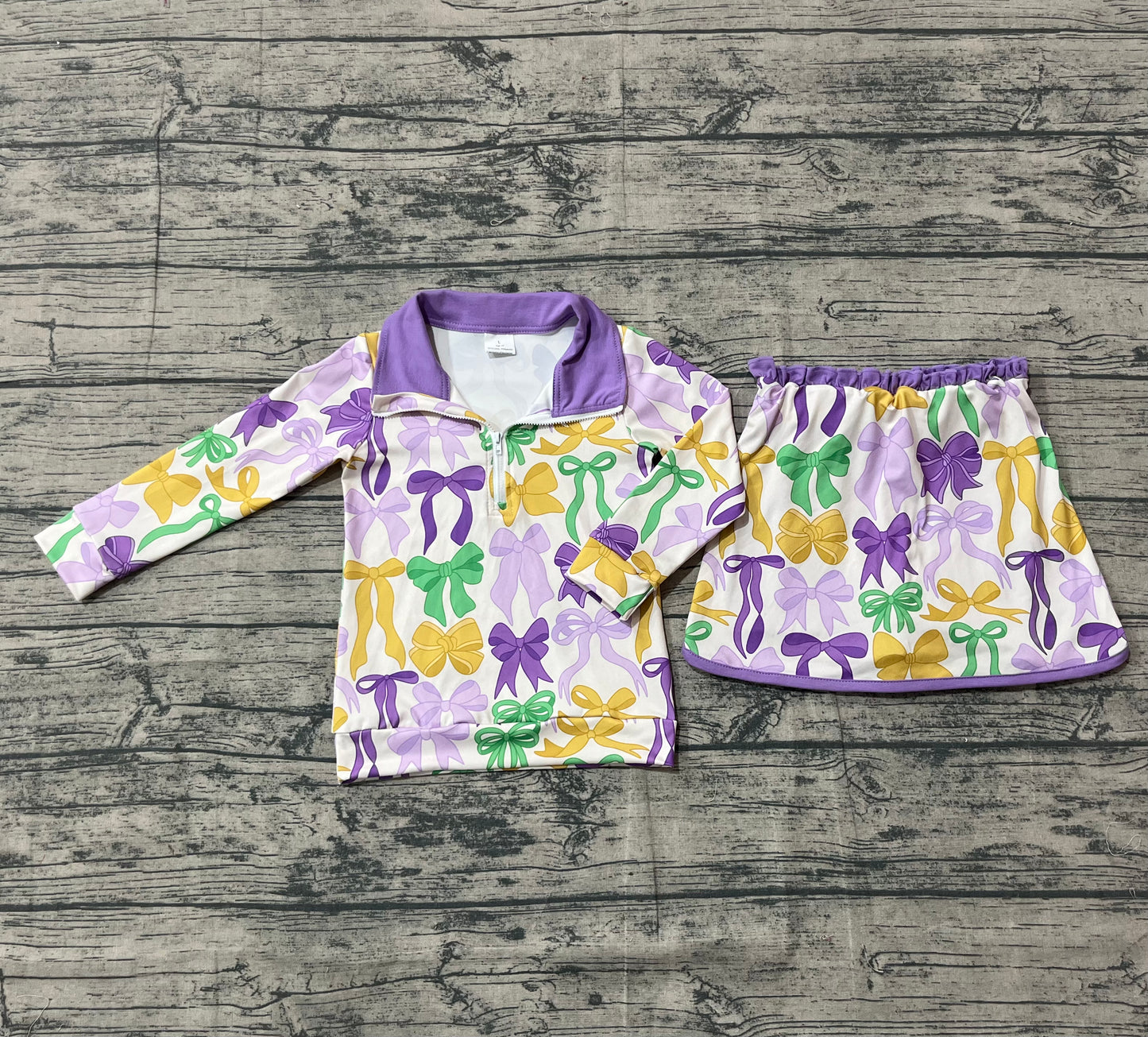 NO MOQ preorder GLD1333 Bows Pattern Mardi Gras Purple Zipper Collar Long Sleeve Skirts Girls Sets 202510