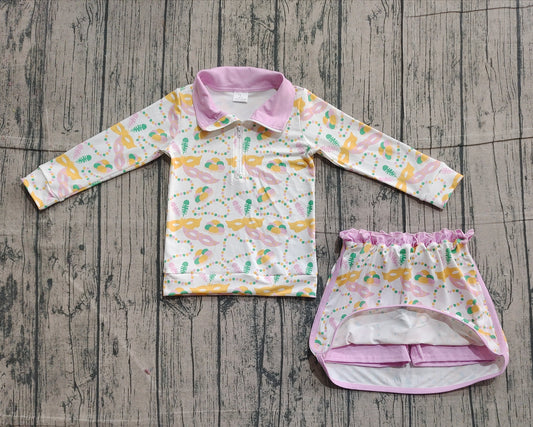 NO MOQ preorder GLD1334 Mardi Gras Pink Zipper Collar Long Sleeve Skirts Girls Sets 202511