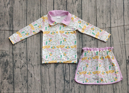 NO MOQ preorder GLD1334 Mardi Gras Pink Zipper Collar Long Sleeve Skirts Girls Sets 202511