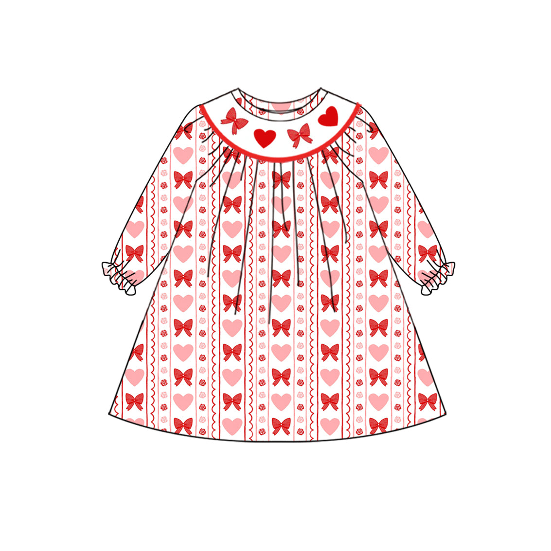 MOQ 8 Preorder GLD1336 Valentine's Day Love Bows Flower Long Sleeve Dresses for Girls 202509