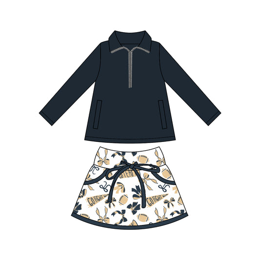 MOQ 8 preorder GLD1337 Go Team Rugby Bows Navy Zipper Collar Long Sleeve Top Skirts Girls Yoga Sets 202509