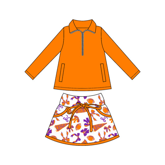 MOQ 8 preorder GLD1338 Go Team Rugby Bows Orange Zipper Collar Long Sleeve Top Skirts Girls Yoga Sets 202509