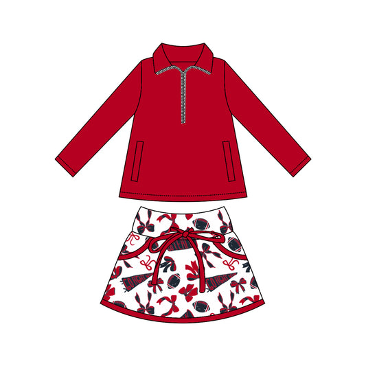 MOQ 8 preorder GLD1339 Go Team Rugby Bows Red Zipper Collar Long Sleeve Top Skirts Girls Yoga Sets 202509